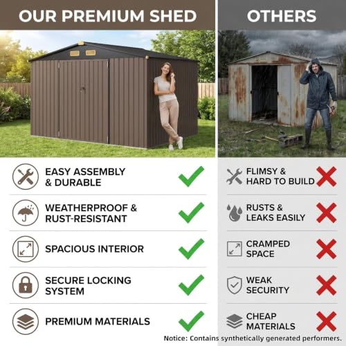 Image of IRONCK Storage Shed, 9.7 x 7.7 FT Tool Shed with Lockable Doors, Brown
