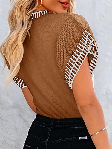 Image of Saodimallsu Womens Short Sleeve Sweater Summer Striped Top Soft Knit Shirts | Ruffle Sleeve,Loose,Crew Neck,Lightweight,Casual,Work,Spring,Womens Tops,Pullover,Fall