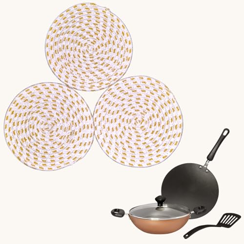Image of Yellow White Trivet Set of 3 (18 cm) for hot pots for Dining Table and Kitchen countertop, Thick and Sturdy, Boho Table Decor