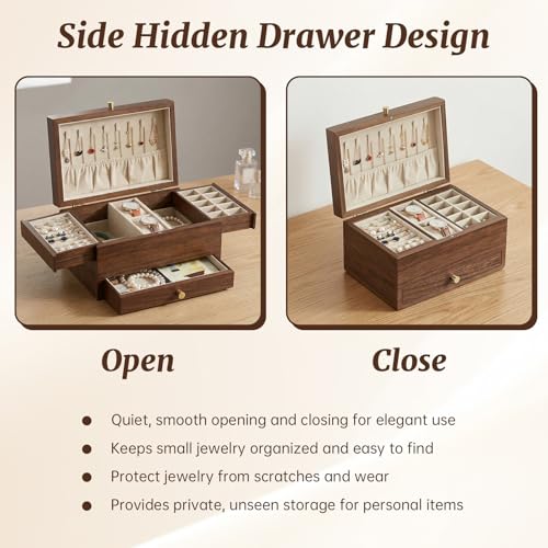 Boîte à bijoux bois haut de gamme grand coffret de rangement en bois précieux à 3 tiroirs - 3