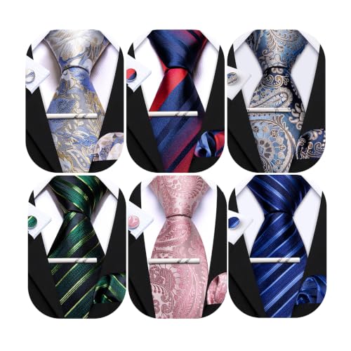 Image of Barry.Wang 6 PCS Men Ties Set Silk Business Fashion Woven Necktie Handkerchief Cufflinks Paisley Stripe Wedding Party