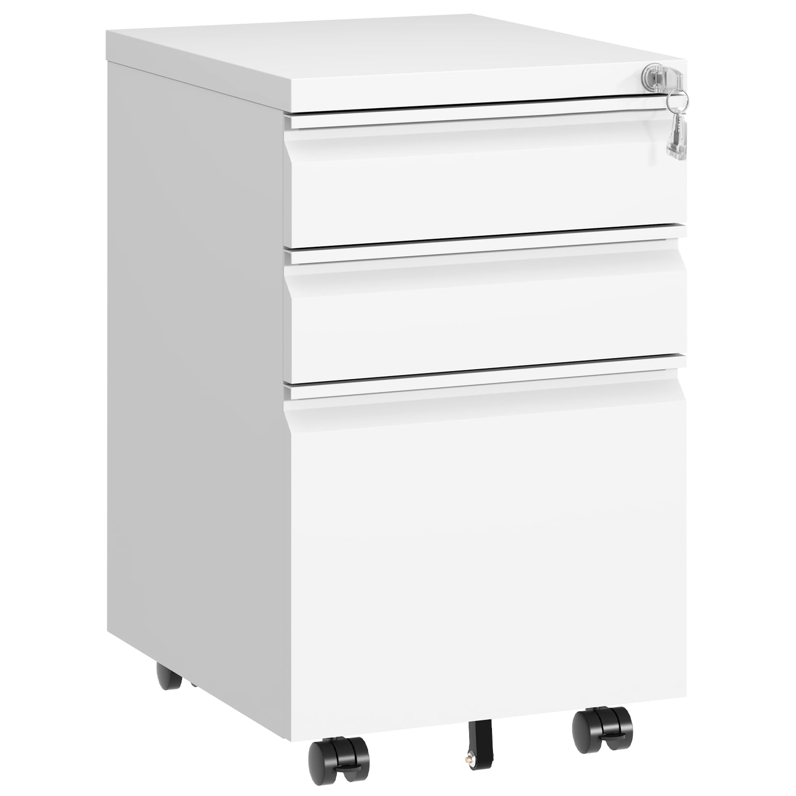 3 Drawer File Cabinet with Lock,Under Desk Rolling Small Filing Cabinet for Home Office Storage, Mobile Steel Cabinets with Wheels, Fully Assembled, White