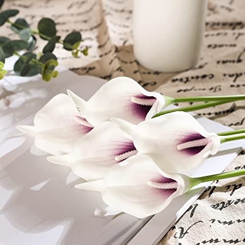 Duovlo 20Pcs Calla Lily Bridal Wedding Bouquet Lataex Real Touch Artificial Flower Home Party Decor (Purple In White) #TOP4