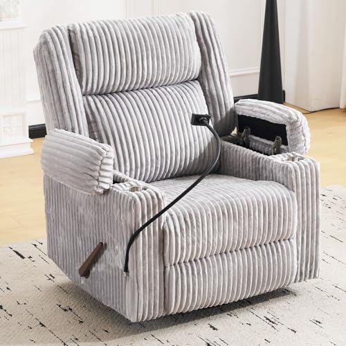 Image of Oversized Manual Recliner Chair with Arm Storage,Swivel Rocker Recliner Chair for Adults with Adjustable Headrest,Nursery Glider Recliner with Phone Stand and Side Pockets for Living Room,Light Grey