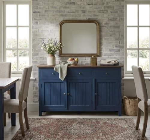 Image of Solid Wood Madrid 3 Drawer Sideboard | Sideboard Cabinet for Living Room | Finish- Premium Acrylic Midnight Blue and Tubaq