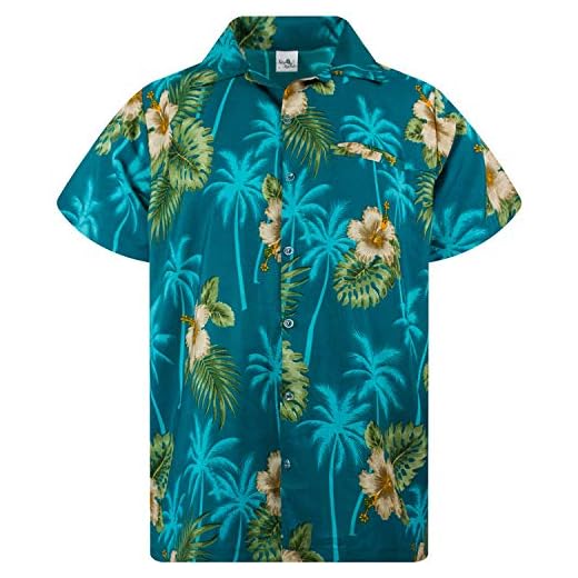 KING KAMEHA Camisa hawaiana para hombre, divertida, casual, con botones, muy fuerte, manga corta, unisex, sombra de palma, Pequeña Flor Petrolgreen, 4X-Large
