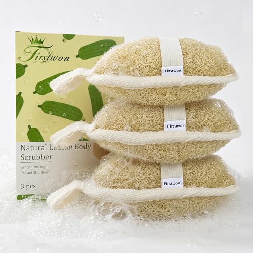 Premium Egyptian Natural Loofah Sponge 100% Plant-Based Exfoliating Body Scrubber Dye-Free Biodegradable Shower Pouf Deep Cleansing for Body Back and Face Women & Men (3 Pack)