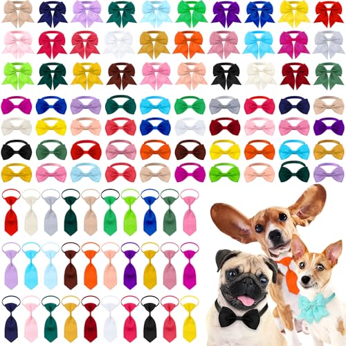 Reginary 100 Pieces Dog Bow Tie Collar Set Include 40 Dog Neckties and 30 Puppy Bowties 30 Collar Flowers Adjustable Pet Ties Grooming for Small Medium Cats Pets Supply(Solid Color)