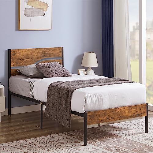 Vecelo Platform Bed Frame Twin Size With Rustic Vintage Wood Headboard, Strong Metal Slats Support, No Box Spring Needed #TOP21