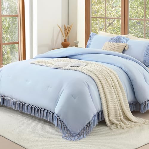 Image of Andency Comforter King Size Set Light Blue, 3 Pieces Boho Tassel Lightweight Fluffy Bedding Comforters & Sets, Soft All Season Bed Set (104x90In Comforter & 2 Pillowcases)