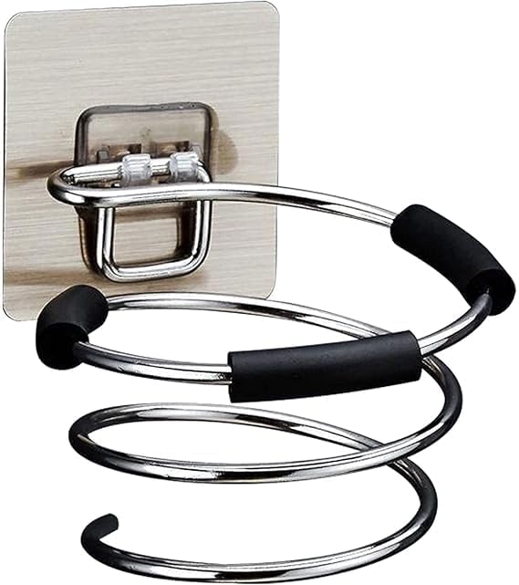 ONICORN Wall Mounted Hair Dryer Holder for Bathroom & Bedroom - Adhesive Hair Dryer Stand with Strong Grip - Stainless Steel Spiral Design for Safe Storage - Space-Saving & Easy Installation (Silver)