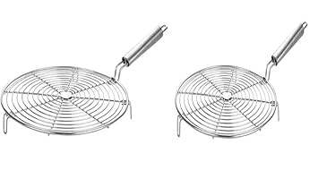 Angelic Burner Papad , Roti Stand Charcoal Grill Roast Grill Stand Charcoal Hand Warmer Rack Stand (Round Shape) Stainless Steel Circle Papad Jali,Grill,Barbeque with Handle (14-INCH) (Set of 2)
