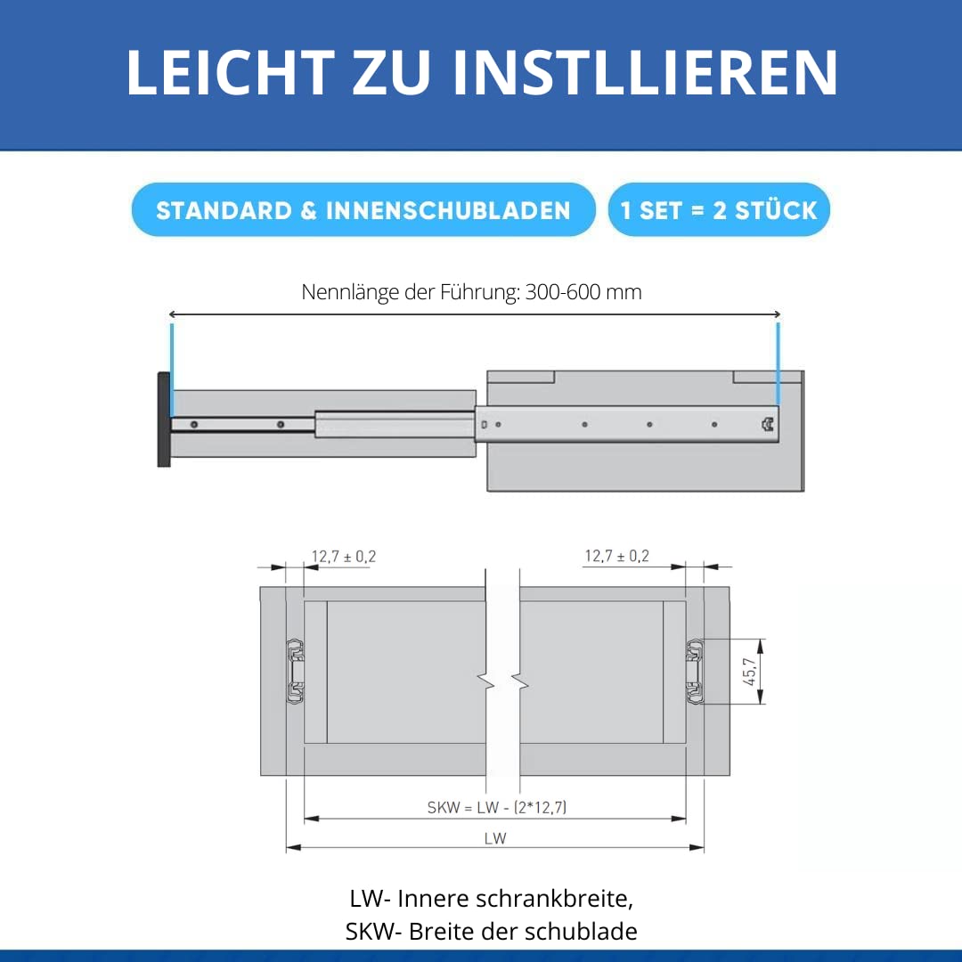 GTV Versalite Touch PRO prowadnice do szuflad – 45 x 350 mm – Push-to-Open + system szyn Soft-Close – teleskopowa prowadnica kulkowa – obciążenie do 30 kg 1 zestaw = 2 sztuki