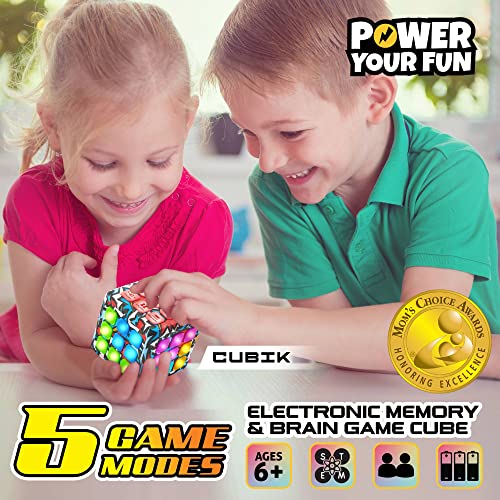 Power Your Fun Cubik LED Flashing Cube Memory Game - Electronic Handheld Game, 5 Brain Memory Games for Kids, STEM Sensory Toys Brain Play Puzzle Fidget Light Up Cube Stress Relief Fidget Toy (Action)