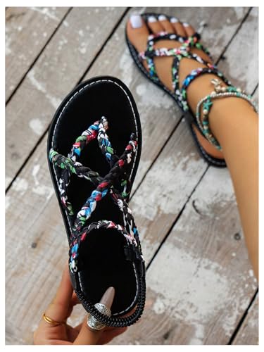 GORGLITTER Women's Sumer Beach Thong Sandals Strappy Dressy Colorblock Open Toe Ankle Strap Flat Slides4