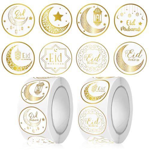 Totelux 1000Pcs Eid Mubarak Stickers Gold Round Envelope Seal Stickers Self-Adhesive Moon Star Label Sticker for Eid Mubarak Gift Wrap Party Decoration Supplies