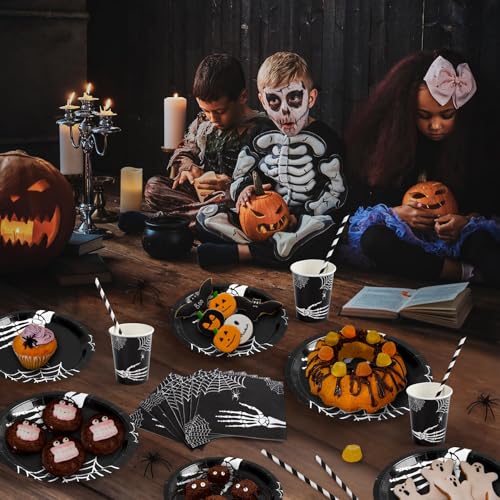 GarveeHome 215 Pcs Halloween Plates and Napkins Set Serve 25, Halloween Hand Bone Disposable Tableware Set, Decorations Includes Plates, Cups, Napkins, Tableware
