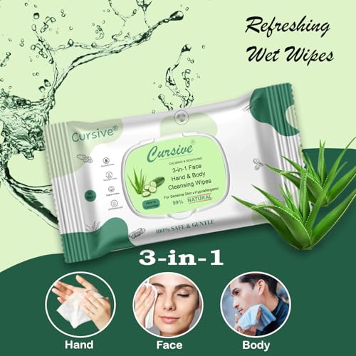 Image of Cursive Face, Hand & Body Daily Cleansing Makeup Remover Wipes|Wet Wipes for Women & Men | Paraben & Alcohol Free Cucumber Aloe Vera - Calming & Soothing, 99% Natural, Hypoallergenic,Gentle for Sensitive Skin 25 Wipes Per Pieces (Pack Of 2)