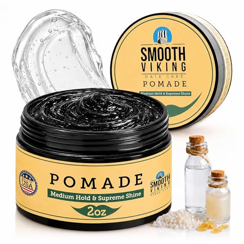 Smooth Viking Medium Hold & High Shine Pomade - Water Based Hair Cream for Curly, Thick & Straight Hair - Men's Hair Product - Made in USA, 2oz