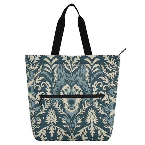Cute Book Tote Bag for Kids Students Adults, William Morris Style Design Wolf Teal Sturdy Library Shoulder Bag Handbag with Zipper for School Work Travel