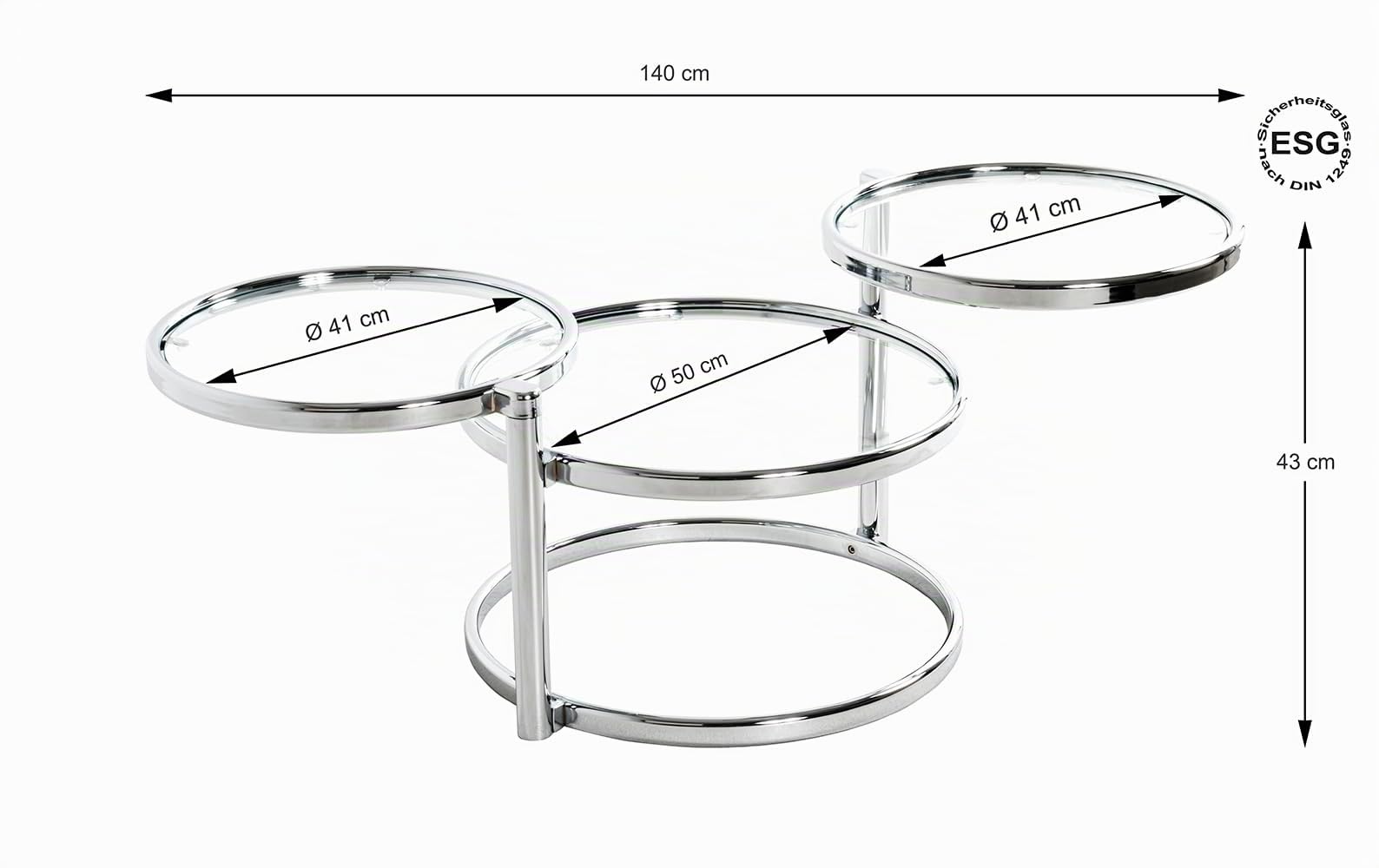 HAKU Table Basse chromé, métal, Verre trempé - Dim.: L 58-140 cm x H 43 cm x P 50 cm, Style: Modern