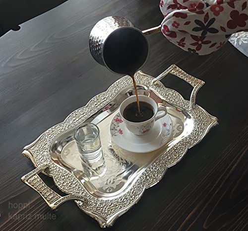 Hoppi Turkish Coffee Pot - 12 Oz 4 Persons Milk Espresso Cezve Maker - Thickest Solid Hammered Stainless Steel Stove Top Ibrik Steel Spoon - Greek Arabic Briki Jezve Jazva - Housewarming Gift Silver #TOP2