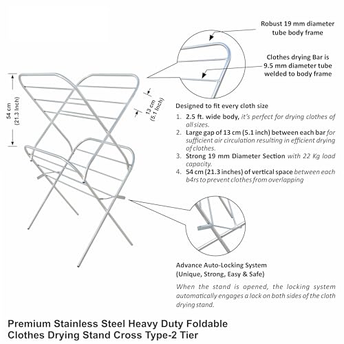 Image of Familia Premium Stainless Steel Foldable Cloth Drying Stand - (Cross Type 2-Tier- SS)