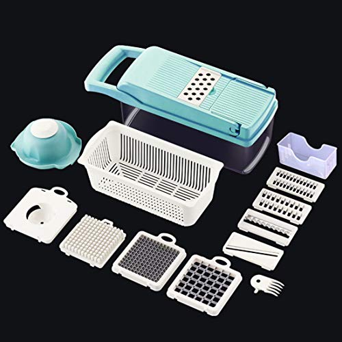 KUANDARg Safety Vegetable Chopper Veggie Fruit Dicer – Food Cutter with 7 Interchangeable Blades, Food Container, Cleaning Brush, Egg White Separator for Potato Tomato Multifunction, Blue