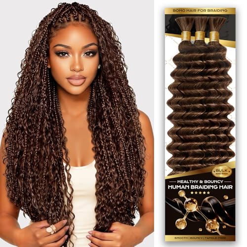 Human Braiding Hair for Boho Braids, 20 Inch 100% 12A Deep Wave Boho Hair for Braiding 3 Bundles/Pack Bohemian Bulk Human hair No Weft Extensions for Braid with Curly Ends 110g Chocolate Brown