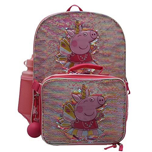 Peppa Pig Girls 4 Piece Backpack Set For Preschool & Kindergarten, Flip Sequin 16" School Bag With Front Zip Pocket, Pink #TOP2