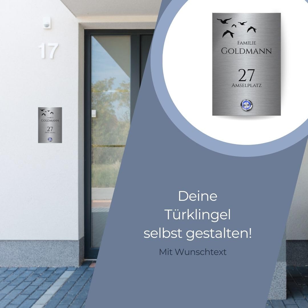 CHRISCK design - Edelstahl Türklingel mit Wunsch-Gravur, Led-Beleuchtung und Motiven - 12x18 cm | personalisierte Klingelplatte - Modell: Goldmann