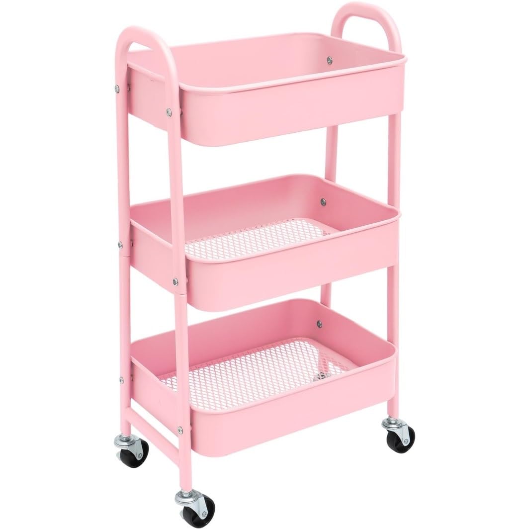Carrellos Estetista Carrello Portaoggetti in Metallo A 3 Ripiani su Ruote, Salvaspazio E Durevole, per Cucina, Trucco, Bagno, Ufficio Carrello Parrucchieri(Pink)