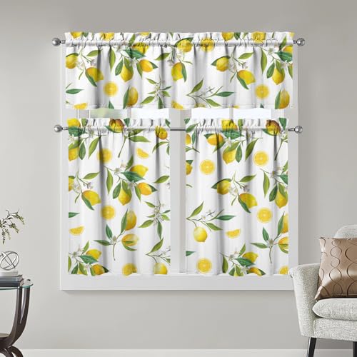 Image of Lemon Kitchen Curtains 3 Piece Set Tier Valance Window Decor