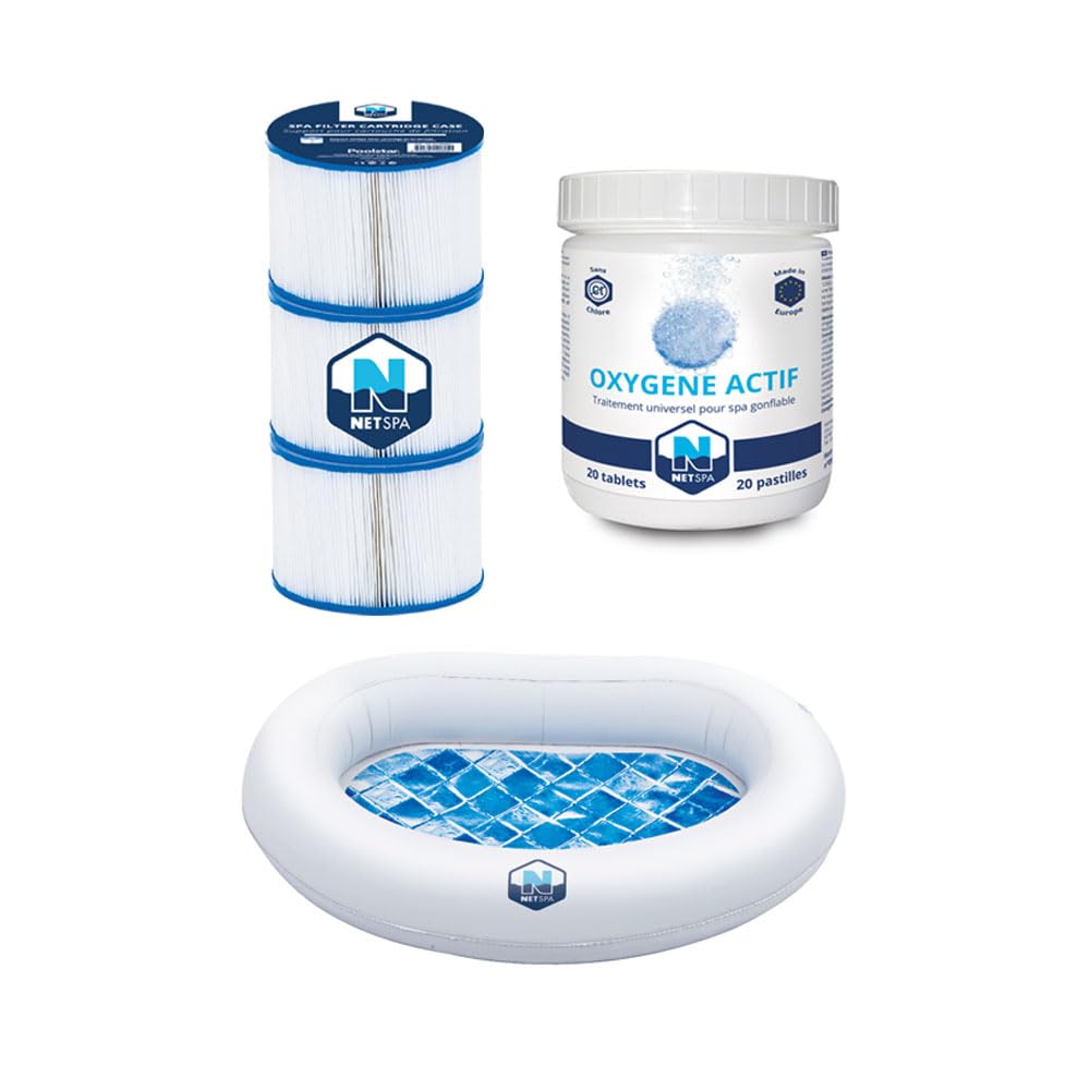 NetSpa Pack Entretien Spa Gonflable, 3 Cartouches Filtrantes + 20 Pastilles Oxygène Actif + Appui-tête/Porte-gobelet