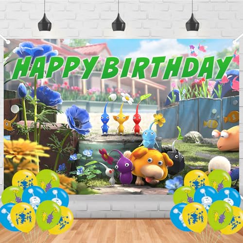 Pikmin Birthday Photography Backdrop 5x3ft Photo Background Anime Happy Birthday Banner for Cartoon Pikmin Party Supplies Decorations(5x3ft)
