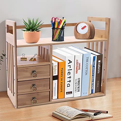 Monipa Desktop Shelves & Office Shelves Desk Hutch Top Only Bamboo Desktop Bookshelf Counter Top Bookcase Adjustable With 2 Drawers, Desk Storage Organizer Display Shelf Rack For Office Supplies #TOP5