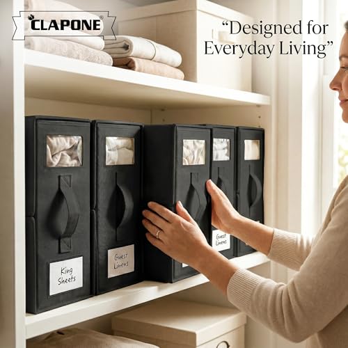 Image of CLAPONE Bedsheet Organizer Storage Box, Foldable Clothes Storage Container, Non-Woven Closet Organizer for Bedding, Blankets, Comforters & Underbed Storage (Black, Pack Of 4)