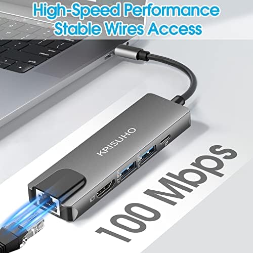 USB C Hub, KRISUHO 5-in-1 USB C to HDMI, USB C Multiport Adapter with 100M Ethernet, 4K HDMI,100W Power Delivery and 2 USB 3.0 Compatible for MacBook Air, iPad Pro ,MacBook Pro, XPS, and More (100M)