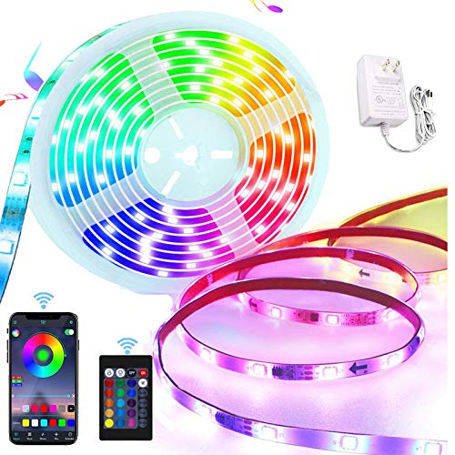 LED Strip Lights, PATIOPTION 16.4ft Waterproof Bluetooth Phone Controller RGB 5050 LED Tape Lights, Music Sync Color Changing LED Strip Lights with Remote for Bedroom, Home Decor, Cabinet, TV, Party