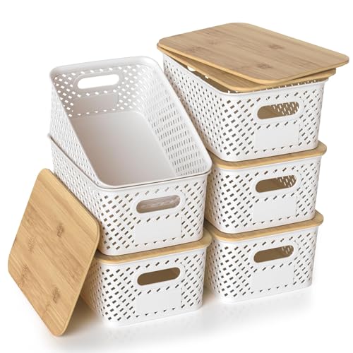 HapiLeap Plastic Storage Baskets With Bamboo Lid Stackable Plastic Storage Boxes for Organizing Pantry Shelves Drawers Desktop Closet Playroom Classroom Office 6 Pack (White)
