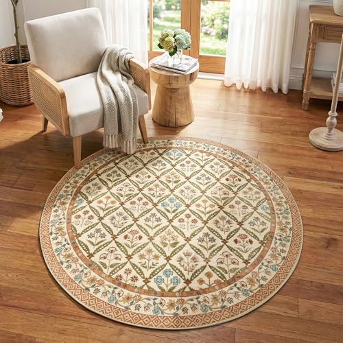 jinchan Haden Round Rug 5ft Vintage Floral Washable Rug for Entryway Kids Room Soft Non-Slip Low Pile Circle Carpet Nursery Living Room Reading Nook Cottage Indoor Decor Terracotta