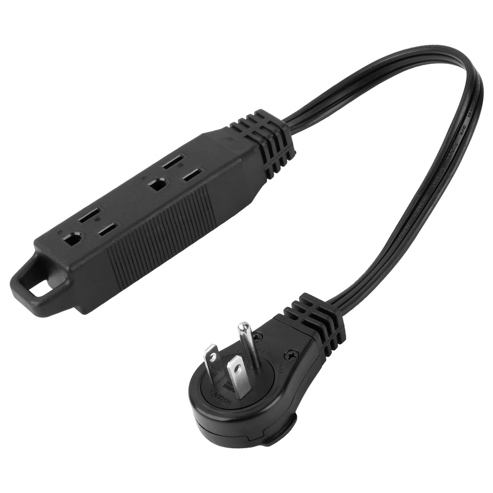 1Ft 360° Rotating Flat Plug Extension Cord with 3 Outlets on Both Side, 16 AWG 3 Prong Extension Cord Black for Indoor, Home Office, Travel, Compact