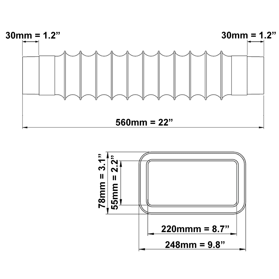 220 x 55 mm długość 50 cm prostokątny elastyczny wąż kanałowy - biała plastikowa wygięta PCW