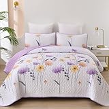 Dinjoy King Size Quilt Set Floral,3 Pieces Purple & Yellow Quilts Coverlet Set Boho Bedspreads Bed Cover Lightweight White Botanical Farmhouse Bedding Sets for Spring Summer (90'x110')