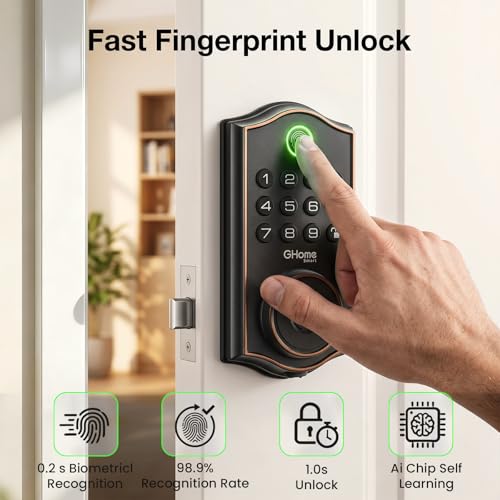 Image of GHome Smart Fingerprint Door Lock for Front Door, 1.0s Unlock AI Self-Learning Keyless Entry Deadbolt with App Control, Keypad, Auto Lock, Digital Code Smart Lock for Home, Airbnb, Apartment, Garage