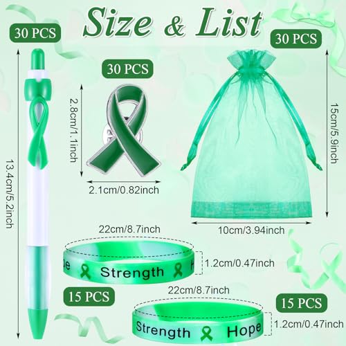 Image of Qilery 120 Pcs Liver Cancer Awareness Items Gifts Set Include Hope Strength Retractable Pens, Liver Cancer Awareness Bracelets, Ribbon Lapel Pins, Organza Bag Bulk for Event Charity Party(Green)