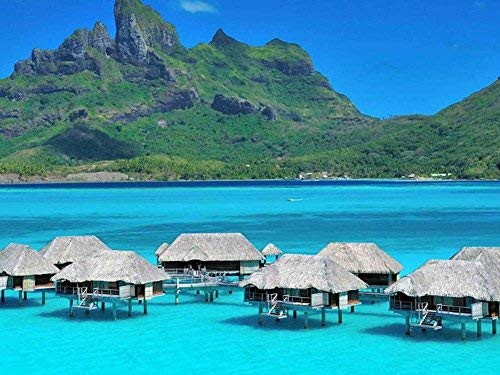 Tollyee Aqua Blue Lagoon and Luxury Water Villas at Bora Bora Tropical Island Tahiti Art Print On Canvas Wall Art for Home Decoration Wooden Framed 16" X 20"