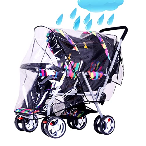 Housse pluie universel pour poussette jumeaux avant et arrière double tandem Habillage de pluie imperméable Housse de Capuche en PVC transparent imperméable...
