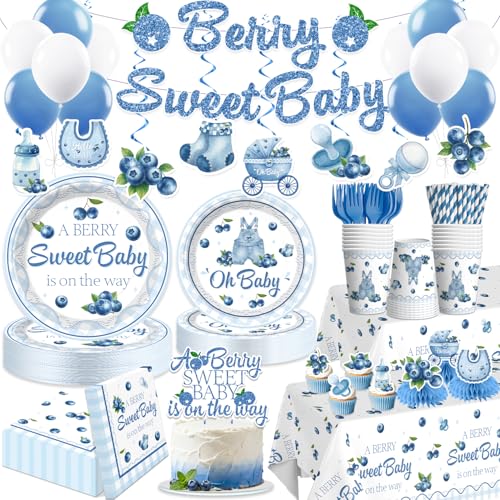 Blueberry Baby Shower Decorations 212 Pcs Blue Berry Sweet Banner Balloons Plates and Napkins Set Tablecloth Berry Sweet Blueberry Themed Baby Shower Party Decorations Supplies