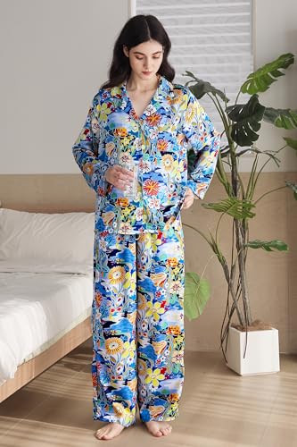 Image of YiNi LuLu Womens Silk Satin Pajamas Set Button Down 2 Piece Pjs Long Sleeve Oversized Sleepwear with Pockets
